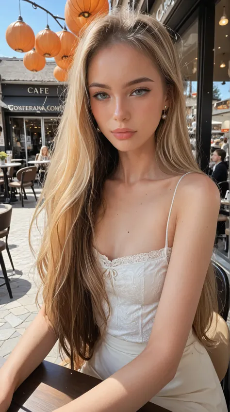 18 years old blonde girl with very long hairstyle is positing with her sister brunette in a cafe