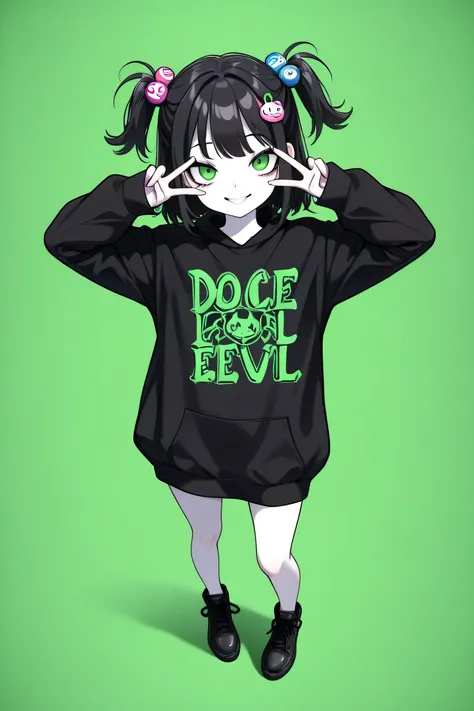 (best quality, Background details), best quality, Original detail、dynamic art,,anatomically correct, full length, (double peace), (double peace Sign), provocative gaze, green eyes, one girl, () white skin, , (TWO SIDE UP ), Decoraファッション Decora , ( green), ...