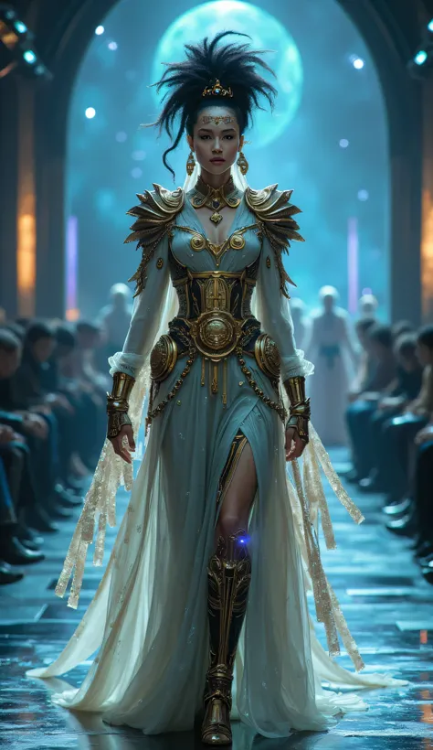 high-fashion model, futuristic Dungeons & Dragons setting, posing with elegance and power, avant-garde outfit, arcane glamour, futuristic design, flowing fabrics made of shimmering magical light, structured armor-like elements forged from enchanted crystal...