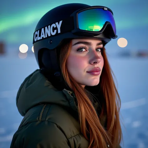 A stunning woman, around 35 years old, poses outdoors in a serene, snow-covered winter Iceland landscape. The picture is taken at night time, with the northern lights glowing behind her. She wears a sleek, olive green puffer jacket zipped up to her chin, ...