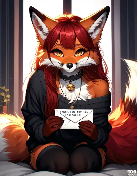 Detailed、Beautiful、score_9_up、score_8_up、score_7_up、((text on letter that says: "Thank you for 100 followers!"、add text "Thank you for 100 followers!"))