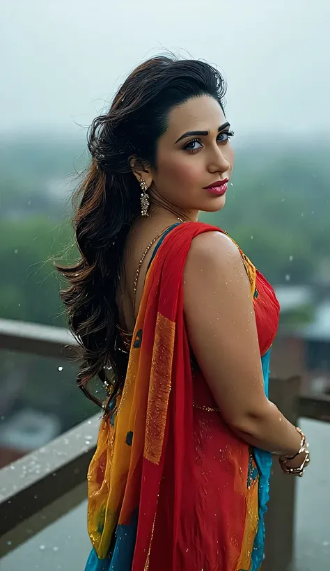 A sultry afternoon on a rooftop, in topless,rainbow color bikini saree,full breast showing,perfect nipples ,as the rain pours down, a stunning semi curvy bhabhi stands out against the cloudy sky. Her wet skin glistens in the misty light, her curves accentu...