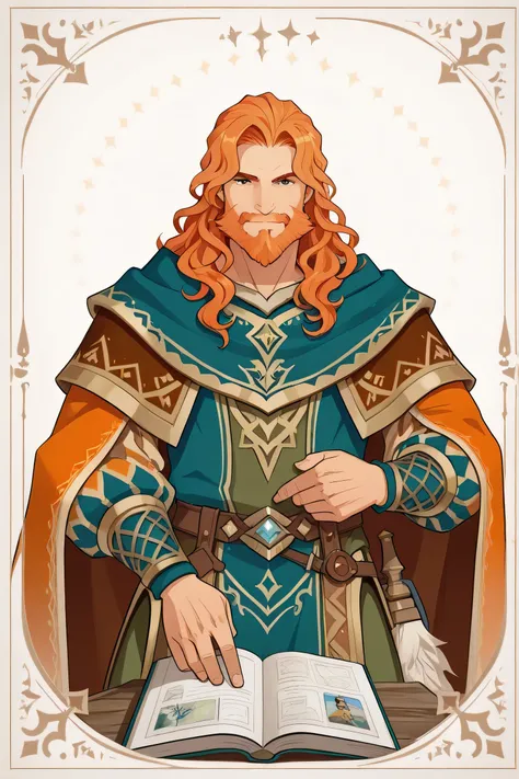 line-art, art book, best quality, 1 man, male, ginger hair, wavy hair, stylish beard, afk journey style clothes, fantasy clothes, king
