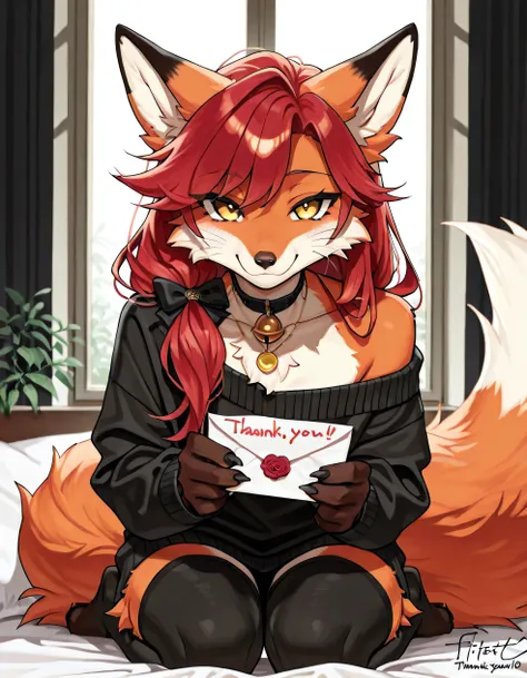 Unpralleled Masterpiece、Detailed、Beautiful、score_9_up、score_8_up、score_7_up、moody atmosphere、mysterious、full body、Solo、fox、anthro、female、furry、orange fur、yellow eyes、fluffy tail、foxy whiskers、(long hair、beautiful hair、scarlet red hair、side swept hair、bangs...