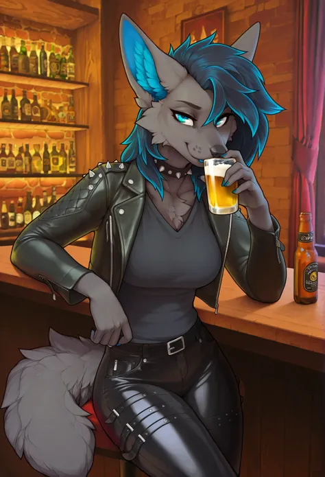 masterpiece, best quality, amazing quality, very aesthetic, high resolution, ultra-detailed, absurdres, newest, solo, furry, body fur, YuriOC, grey fur, 1girl, female, black and blue hair, medium hair, clothed, bar (place), biker colthing, spiked clothing,...