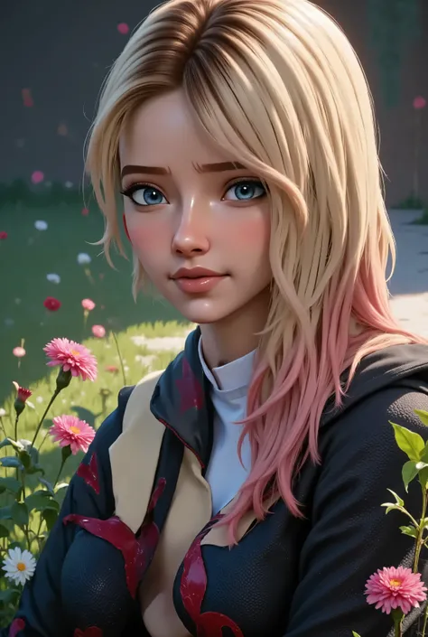 Ultra-detailed 4K close-up portrait of Gwen Stacy in her Spider-Woman suit, sitting in a tranquil garden bathed in golden sunlight, soft breeze moving strands of her blonde hair, mask pulled up to her nose, gentle smile on her lips, eyes filled with calm a...