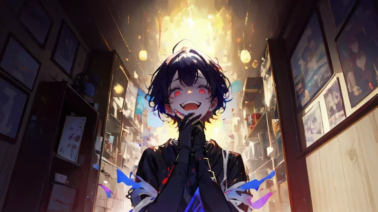 A yandere style girl full of crazy love。staring at me with big eyes、smiling with tears in her eyes。A stuffed animal in one hand、A bandage dyed slightly red is wrapped around the other hand。The background is a dim room、in the light of a dimly glowing lamp、t...