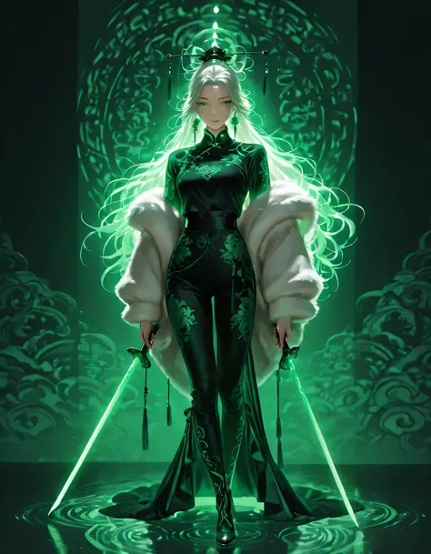 Create a 3D image of a full length (one girl) in a fur coat, reminiscent of 19th century Chinese painting and engraving styles. The coat is elegantly drawn with intricate patterns and colors of blue, green, and white. A softly glowing lighting energy cover...