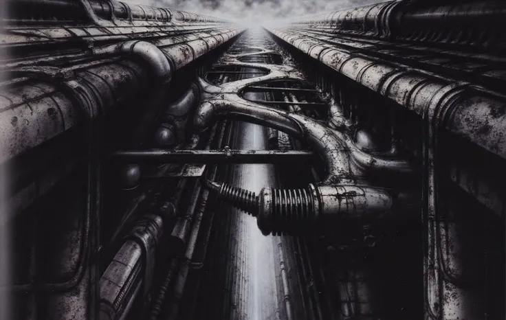 Generate a highly detailed image meticulously recreating the specific biomechanical artwork , focusing on its unique composition, atmosphere, and intricate textures in the style of H.R. Giger.
Composition and Geometry -
Pay strict attention to the orig...