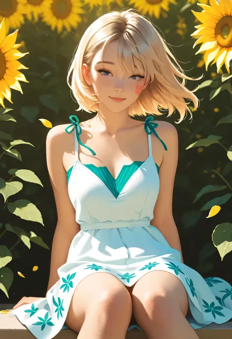 Realistic Gwen Stacy sitting gracefully in a vibrant summer garden, surrounded by blooming roses and towering sunflowers, wearing a light floral sundress gently flowing in the breeze, soft golden sunlight filtering through the leaves, detailed textures on ...