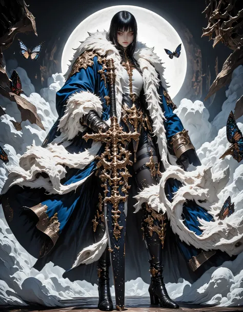Create a 3D image of a full Body (one girl) in a fur coat, reminiscent of 19th century Chinese painting and engraving styles. The coat is elegantly drawn with intricate patterns and colors of blue, vibrant, and white. A softly glowing lighting energy cover...