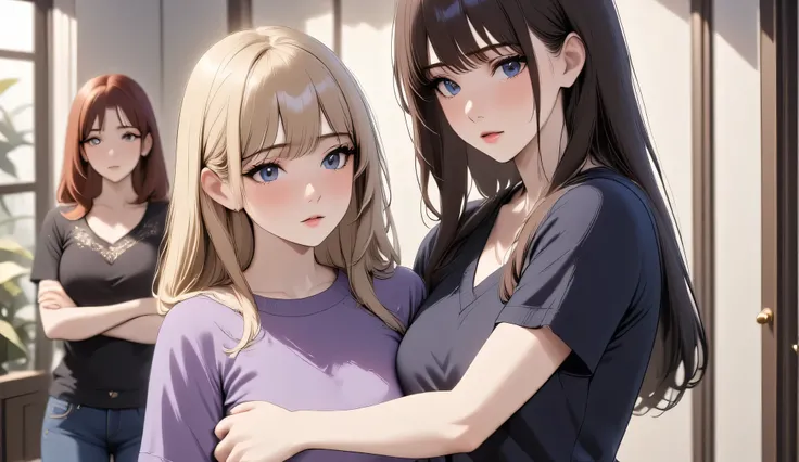 "Emotional animated scene of two age girls hugging each other with tears in their eyes. One girl has long blonde hair and wears a purple shirt, the other has brown hair and wears a navy blue shirt. Both look very sad and are holding each other tightly. In ...