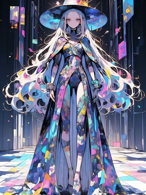 distant full-body shot of a graceful woman wearing an elegant futuristic formal gown with floating holographic fabric layers and shimmering LED-woven lace, translucent textures that shift with light, magnetic floating shoulder accessories, dynamic light pa...
