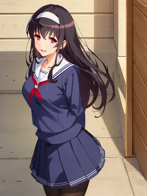 best quality, masterpiece, Utah , 1 girl to improve Sa, long hair, solo,  blue school uniform, headband, black hair, skirt for ears, Black Pantyhose, red eyes, smile, and open the mouth, forward leaning posture, Wrapping Arms Over Your Back, pleated skirt ...