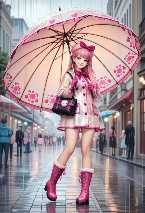best quality、masterpiece、Detailed Background、beautiful girl、Cinematic、Sad Visuals、
(Raincoats in Pink and Pastel Colors {x} Raincoats in the City:1.5)、
I'm holding an umbrella、Little back 、Wet Ground Under Your Feet、Rain Sounds from the Sky、Rain Boots of S...