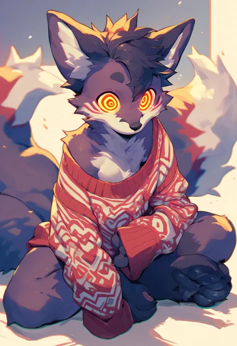 a fox with complexly patterned fur, neon fur colors,  glowing spiral eyes, cute, wearing an oversized v cut sweater, paws, fluffy, large tail, messy hair, male, background is a bedroom, detail
