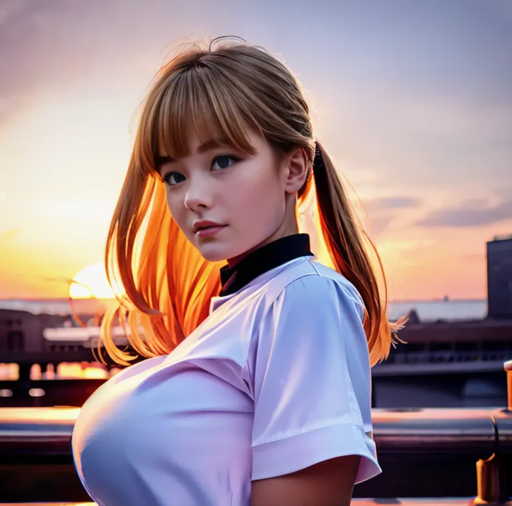 8K quality, pictures, A beautiful woman like a goddess, in the city where the backlight of the intense sunset is dazzling, Above the belly, (Micro Pleated Skirt), (Red thin string ribbon tie on the collar of an unexposed shirt), (High Position Super Coloss...