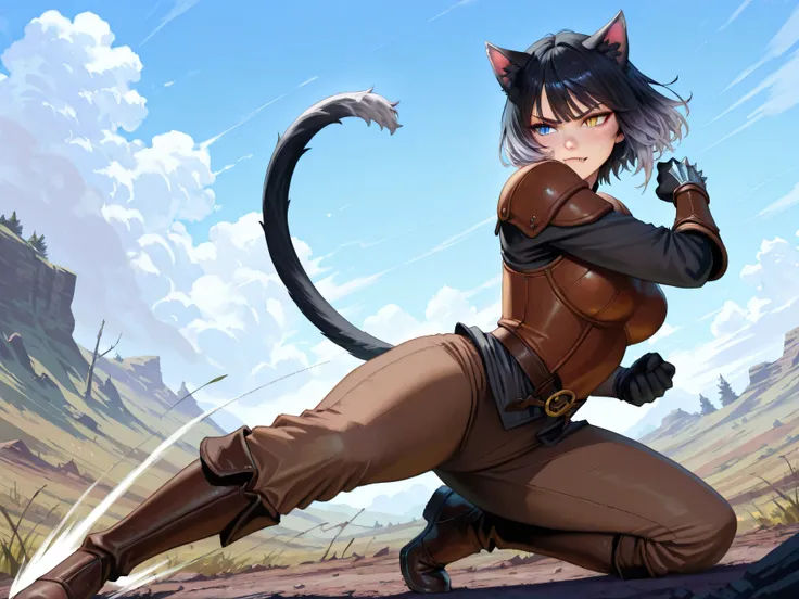 from side full body, looking side, 1 woman staring with wrinkles between her eyebrows, fighting stance, fighting pose, dynamic pose, spread legs, (adult cool woman:1.1),  (((slit pupils.:1.3))), heterochromia, blue eye, yellow eye, black hair, [(gradient h...
