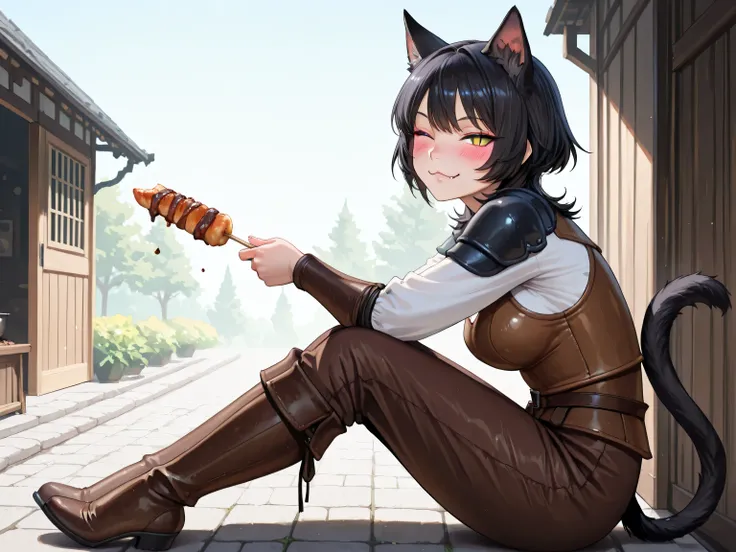 from side, full body, looking at view, 1 woman holding grilled skewers at a medieval-style food stall, M4rket, Outdoors, (adult cute woman:1.1), smile, blush, (:3.1.2), (((slit pupils.:1.3))), closed eye, black hair, shiny hair, wolf cut hair, fang, cat ea...