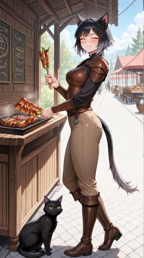 from side, full body, looking at view, 1 woman holding grilled skewers at a medieval-style food stall, medieval-style Market, Outdoors, (adult cute woman:1.1), smile, blush, (:3.1.2), chewing, closed eye, black hair, [(gradient hair from silver to black:1....