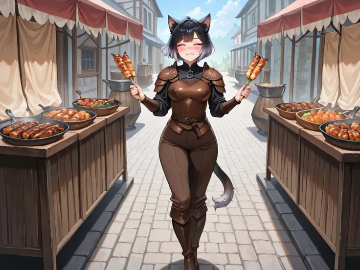 from front, full body, looking at view, 1 woman holding grilled skewers at a medieval-style food stall, medieval-style Market, Outdoors, (adult cute woman:1.1), smile, blush, (:3.1.2), chewing, closed eye, black hair, [(gradient hair from silver to black:1...