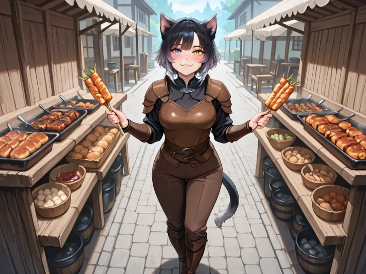 from front, full body, looking at view, 1 woman holding grilled skewers at a medieval-style food stall, medieval-style Market, Outdoors, (adult cute woman:1.1), smile, blush, (:3.1.2), chewing,  (((slit pupils.:1.3))), heterochromia, blue eye, yellow eye, ...