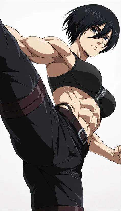 anime coloring, anime screencap, mikasa ackerman, 1girl, solo, short hair, black hair, towards viewer, badass, closed mouth, black sport bra, , belt, black pants, standing, cowboy shot, reaching towards viewer,, white background, simple background, masterp...