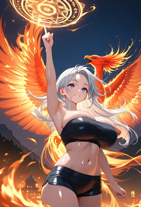 masterpiece, best quality, 1girl, solo, dynamic angle, completely nude, silver hair, long hair, blue eyes, beautiful, human, mature, voluptuously, huge breasts, easygoing, sidewise glance, perfect detail, ultra detail, shiny black tube top, shiny black bar...