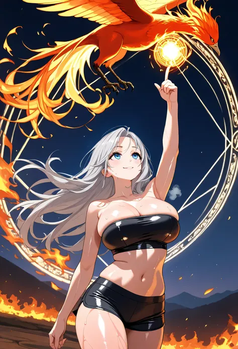masterpiece, best quality, 1girl, solo, dynamic angle, completely nude, silver hair, long hair, blue eyes, beautiful, human, mature, voluptuously, huge breasts, easygoing, sidewise glance, perfect detail, ultra detail, shiny black tube top, shiny black bar...
