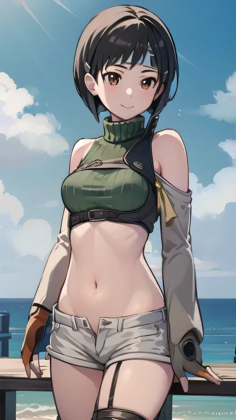  Yuffie Kisaragi , Yuffie Kisaragi, Interest  , pixie cut,
壊す crop top, fingerless gloves, fishnet thigh-length socks, fishnet, Forehead protection , gloves, headband, belly button, short shorts, shorts,   single sleeve that grabs air , High socks up to on...