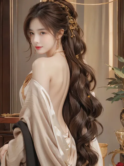 highly detailed, 8K, masterpiece, 1 girl, brown hair, nude, Smile, (perfect_Face), boundary, close up, crazy, exist_Back, Gorgeous, complicated, Dramatic Lighting, 4K, detailed_Background, Caustics, full_Body,  