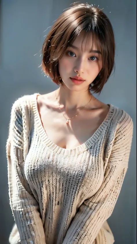 (Best quality, 8k, 32k, Masterpiece, UHD:1.2),Photo of Pretty Japanese woman, large breasts, very short bob hair,upper body,face focus,(oversized_sweater,:1.1) necklace, simple background, looking at viewer, leaning forward,