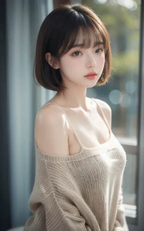 masterpiece, Best Quality, 8K, 20 yo, Large breast, cuddly, Solo, sad, Cute, Girly, Delicate girl, Neat and clean beauty, Raw photo, Professional Photography, Portrait, Soft light, Professional Lighting, Back lighting, Upper body, Looking away, Sophistica...