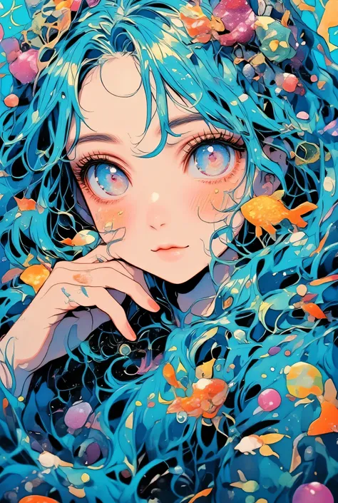 a beautiful young woman with long blue hair, her face underwater in a dreamy fantasy setting, small glowing fish swimming near her cheeks and hair, calm expression with open eyes, light rays filtering through the water, bubbles drifting around her, magical...