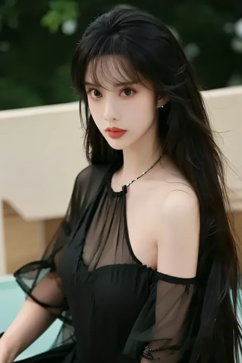 Beautiful Women with Perfect Shapes,Layered Hairstyle,Skin Whitening, long black hair,mesh clothes