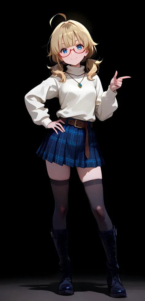 1 girl,wide shot, full body, front light, svelte body, petite, smile, blue eyes, red-frame under rim glasses, fair smooth skin, glossy lips, long blonde unruly hair, low twintails, flipped hair, black color hair tie, center-flap bangs, ahoge, small breasts...