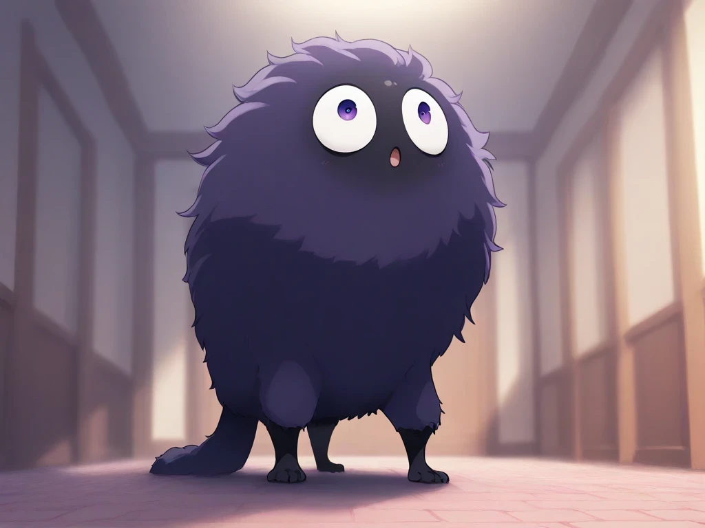 Round big-eyed flying six-legged woolly beast,The background is a lavender garden,Standing in the center of the garden