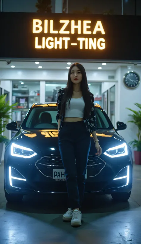 "Create high resolution advertising image featuring INDONESIAN female model standing in trust, prepare for k-pop dance, self in headlights and electric car named 'BILZHEA LIGHT-TING.', shows her enthusiasm for car light modifications. The atmosphere of the...