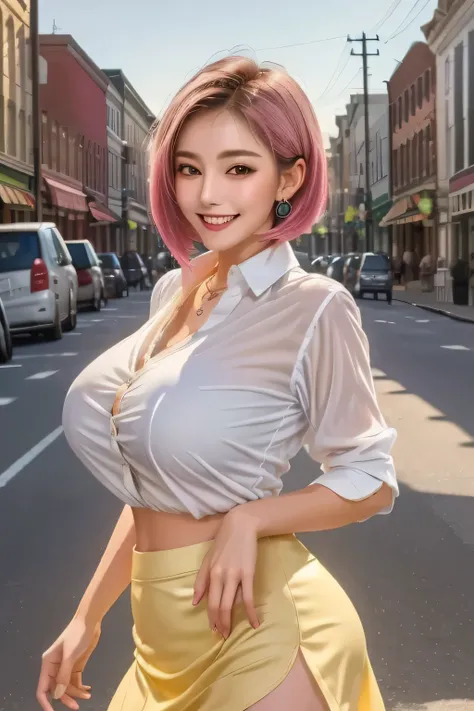 (masterpiece, Top Quality,8K Ultra HD, realistic), (1girl), beautiful face grin, light yellow sheer blouse, brown tight mini skirt, pink bob hair, beautiful face, (Big Breasts), white skin, white thighs, I'm sweaty, sexy, Stand Pose, (background: Main S...