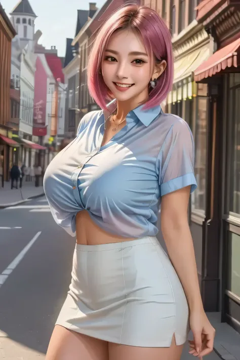 (masterpiece, Top Quality,8K Ultra HD, realistic), (1girl), beautiful face grin, light blue sheer blouse, brown tight mini skirt, pink bob hair, beautiful face, (Big Breasts), white skin, white thighs, I'm sweaty, sexy, Stand Pose, (background: Main Str...