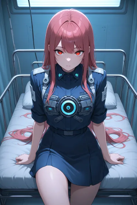 Masterpiece, best quality, delicate illustration, latest, very aesthetic, sharp focus, subjective, girl, futuristic uniform, skirt rolled up, in a futuristic hospital bed, eyes open and staring at you, street fashion in 3025, cyber, futuristic clothes, cow...