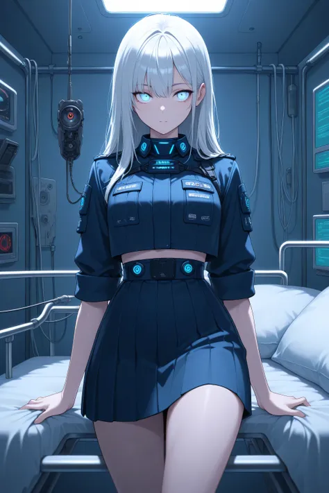 Masterpiece, best quality, delicate illustration, latest, very aesthetic, sharp focus, subjective, girl, futuristic uniform, skirt rolled up, in a futuristic hospital bed, eyes open and staring at you, street fashion in 3025, cyber, futuristic clothes, cow...