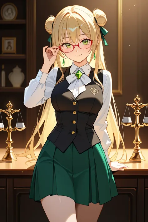 A semi-realistic anime-style digital illustration of a glamorous woman with golden blonde hair styled in a rolled-up bun, intelligent emerald green eyes behind stylish red glasses. She wears a glossy short black vest with white trim and gold buttons, worn ...
