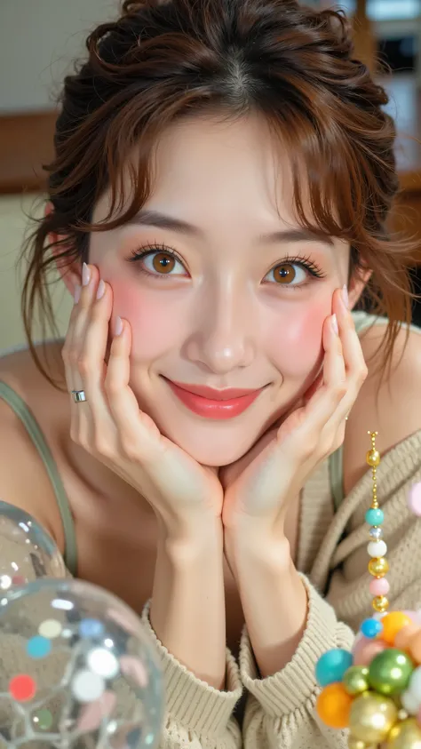 8k, Masterpiece, Top Quality, Close-up, slightly high angle viewpoint, woman, light brown wavy hair styled loosely, fair skin with prominent rosy blush, light brown eyes, bright pink lips, wearing a light-colored top , hands cupping her chin, looking direc...