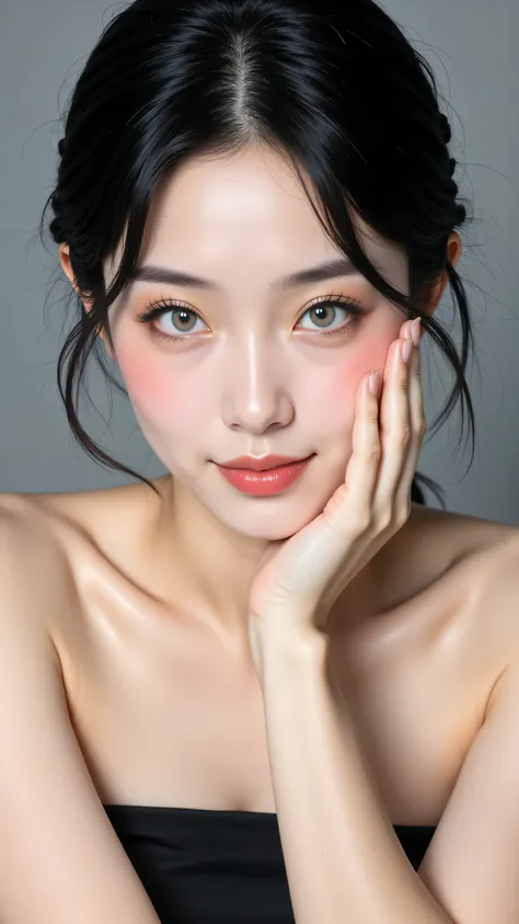 8k, Masterpiece, Top Quality, Close-up, eye-level viewpoint, woman, sleek black hair with subtle flyaways, very fair skin, light grey eyes, soft pink lips, wearing a black strapless top, one hand gently touching her cheek, the other resting on a surface, l...