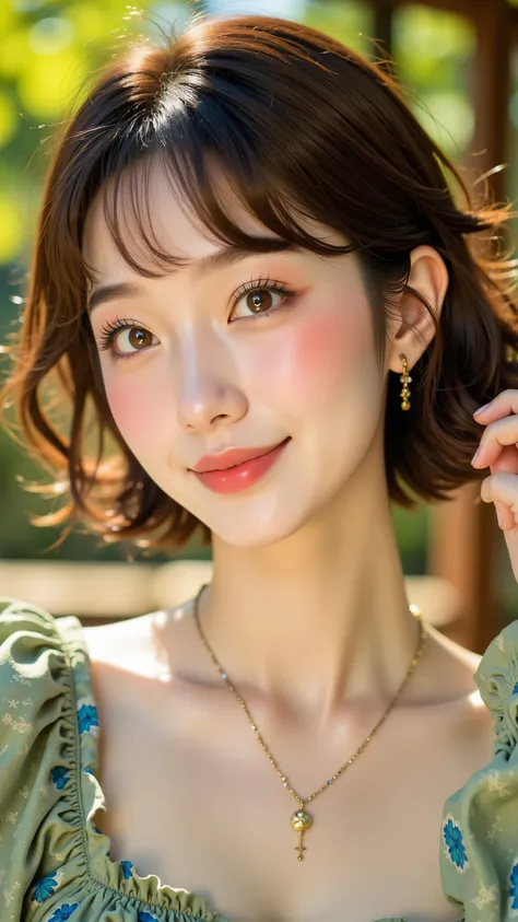 8k, Masterpiece, Top Quality, Close-up, eye-level viewpoint, woman, short brown wavy hair with bangs, fair skin, light brown eyes, soft pink lips, wearing a muted green and blue patterned top and delicate necklaces, gentle expression, blurred natural backg...