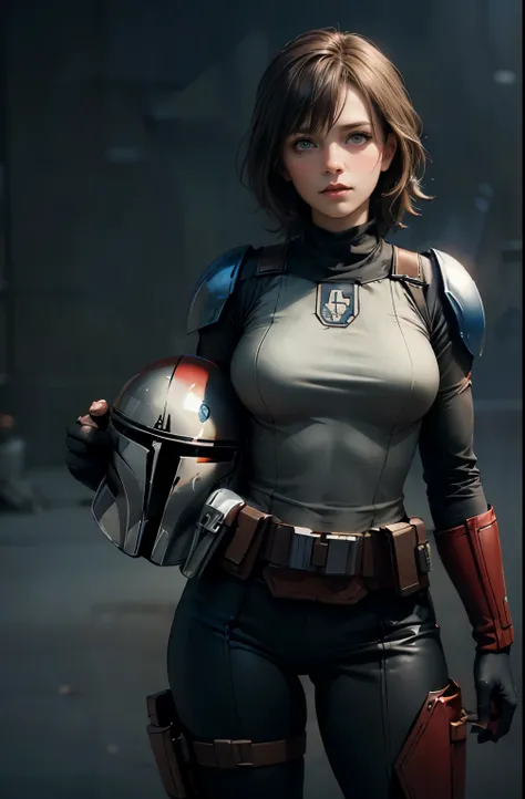 star wars world ,female mandalorian, , slender beauty ,holding helmet in right hand, ,Mandalorian armor ,Slimming, slender, Gentle Eyes, flows from my crotch