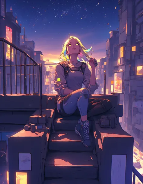 1girl, solo, rainbow hair, multicolored hair, medium hair, yellow eyes, stroking own hair, sitting, staircase, night skies, rooftop, building, outdoor, looking up
, BREAK,
(best quality, masterpiece, ultra-detailed, illustration:1.2),(8K wallpaper),(beauti...