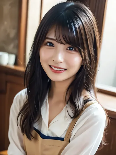 (best quality、table top to pinch、8k、best image quality、超A high resolution:1.5, (Photorealistic:1.4),masterpiece:1.2,(top-quality:1.4)、Raw photo)、Woman working at a cafe、The perfect brown apron、A classy shirt and apron、(highlight your body line:1.1)、portra...