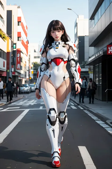 araffe dressed in a white and red costume walking down a street, cyber japan style armor, cyber japan armor, girl in mecha cyber armor, glossy white armor, mecha suit, full body mecha suit, anime mech armor, ferra white mecha, in white futuristic armor, wh...